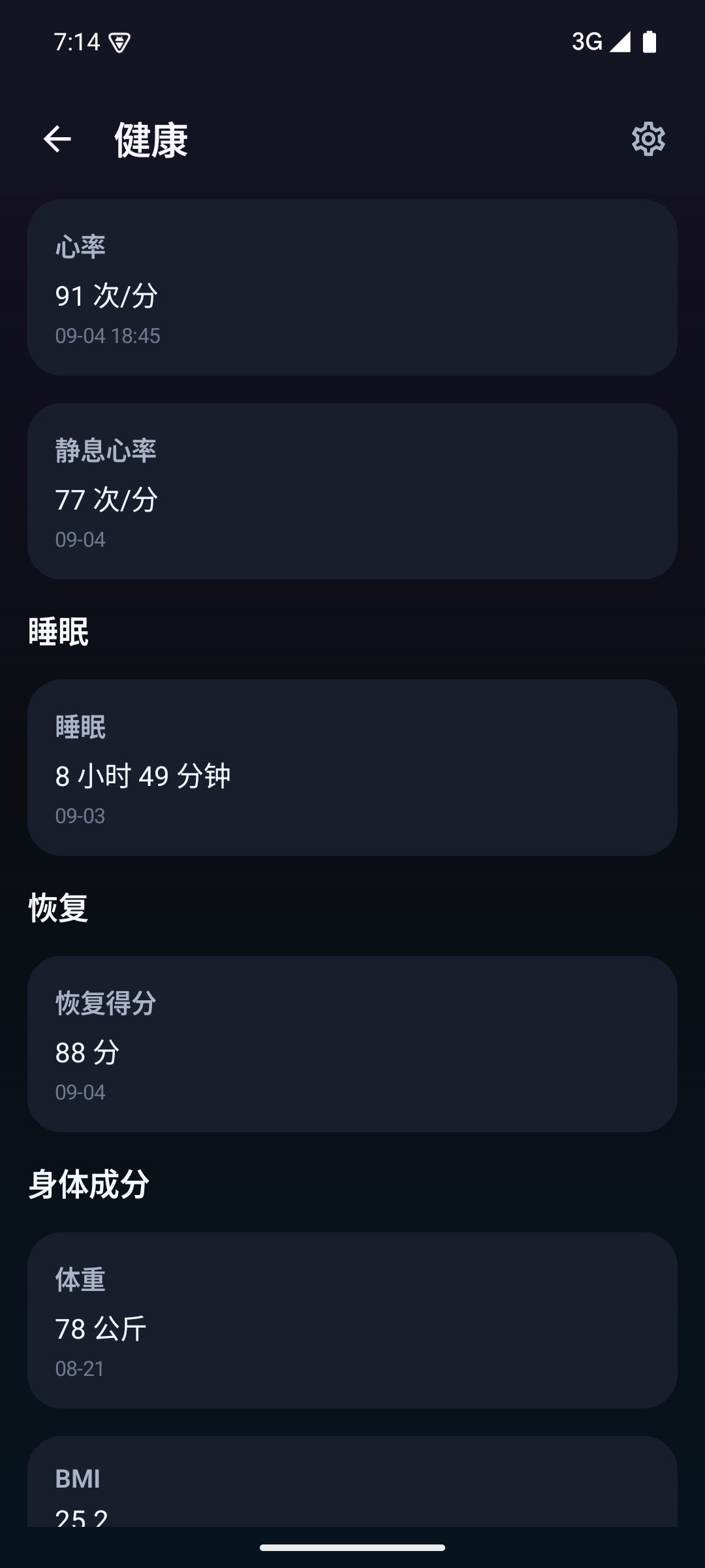 睡眠、恢复和身体成分健康数据